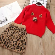 Girl Cute Cat Long Sleeve Sweater and Leopard Prints Skirt Set Outfit