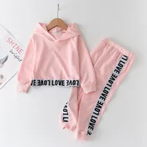 Girl Love Letter Hooded Long Sleeve Sweatshirt and Sports Pants Pink Set Outfit