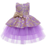 Toddler Girl Gold Embroidery Flowers Sequins Bowknot Backless Tutu Gown Dress