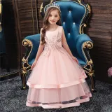 Toddler Girl Embroidered Jewelry Flower Bowknot Two Layers Lace Tutu  Party Gown Dresses