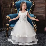 Toddler Girl Embroidered Jewelry Flower Bowknot Two Layers Lace Tutu  Party Gown Dresses