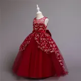 Girl Mesh Floral Embroidered Bowknot Party Maxi Gown Dresses