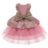 Toddler Girl Gold Embroidery Flowers Sequins Bowknot Backless Tutu Gown Dress
