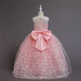 Girl Mesh Floral Embroidered Bowknot Party Maxi Gown Dresses
