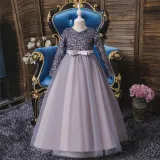 Girl Sequins Long Sleeve Bowknot Tutu Maxi Long Sleevs Gown Dresses