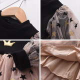 Toddler Girl Tulle Puffy Sequins Stars Crown Long Sleeve Knit Tutu Dress