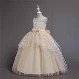 Girl Mesh Floral Embroidered Bowknot Party Maxi Gown Dresses