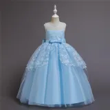 Girl Mesh Floral Embroidered Bowknot Party Maxi Gown Dresses