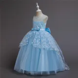 Girl Mesh Floral Embroidered Bowknot Party Maxi Gown Dresses