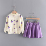 Girl Knit Strawberry Grape Cardigan Sweater and Pleated Skirt Set Outfit