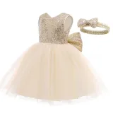 Toddler Girl Sequins Bowknot Princess Baby Party Gown Dress With Hair Band