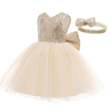 Toddler Girl Sequins Bowknot Princess Baby Party Gown Dress With Hair Band