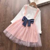 Kid Girl White Long Sleeve Tops and Sequins Stars Tutu Mesh Strap Skirt Two Pieces Sets