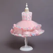 Girl Rainbow Tutu Flower Princess Sleeveless Dresses Two Layers Gown Dress