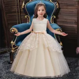 Girl Mesh Floral Embroidered Bowknot Party Maxi Gown Dresses