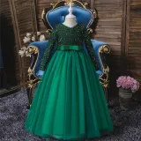 Girl Sequins Long Sleeve Bowknot Tutu Maxi Long Sleevs Gown Dresses