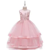 Toddler Girl Embroidered Jewelry Flower Bowknot Two Layers Lace Tutu  Party Gown Dresses