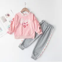 Girl Pink Heart Ruffle Long Sleeve Sweatshirt and Casual Pants Set Outfit