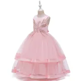 Toddler Girl Embroidered Jewelry Flower Bowknot Two Layers Lace Tutu  Party Gown Dresses