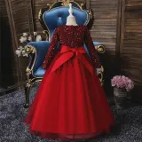 Girl Sequins Long Sleeve Bowknot Tutu Maxi Long Sleevs Gown Dresses