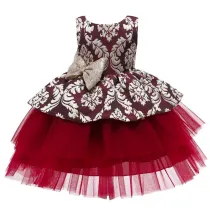 Toddler Girl Gold Embroidery Flowers Sequins Bowknot Backless Tutu Gown Dress