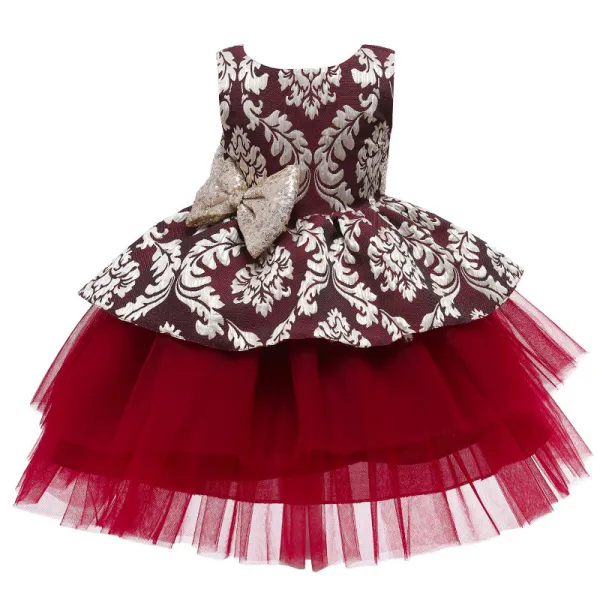 Toddler Girl Gold Embroidery Flowers Sequins Bowknot Backless Tutu Gown Dress