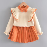 Girl Knit Ruffle Long Sleeve Sweatshirt and Pleated Skirt Clothes Set Outfit