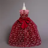 Girl Mesh Floral Embroidered Bowknot Party Maxi Gown Dresses