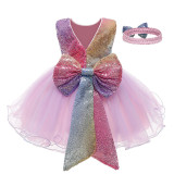 Toddler Girl Rainbow Sequins Tutu Princess Gown Dress With Hair Band