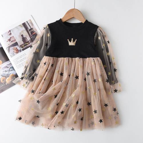 Toddler Girl Tulle Puffy Sequins Stars Crown Long Sleeve Knit Tutu Dress