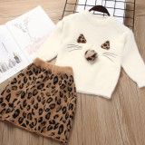 Girl Cute Cat Long Sleeve Sweater and Leopard Prints Skirt Set Outfit