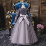 Girl Sequins Long Sleeve Bowknot Tutu Maxi Long Sleevs Gown Dresses