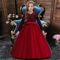 Girl Sequins Long Sleeve Bowknot Tutu Maxi Long Sleevs Gown Dresses