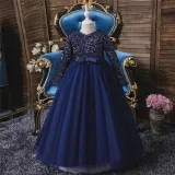 Girl Sequins Long Sleeve Bowknot Tutu Maxi Long Sleevs Gown Dresses