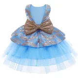 Toddler Girl Gold Embroidery Flowers Sequins Bowknot Backless Tutu Gown Dress