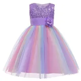 Girl Sequins Flower Belt Rainbow Tutu Gauze Princess Gown Dress