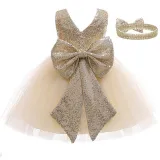 Toddler Girl Sequins Bowknot Princess Baby Party Gown Dress With Hair Band