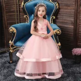 Toddler Girl Embroidered Jewelry Flower Bowknot Two Layers Lace Tutu  Party Gown Dresses