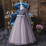 Girl Sequins Long Sleeve Bowknot Tutu Maxi Long Sleevs Gown Dresses