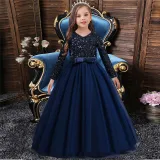 Girl Sequins Long Sleeve Bowknot Tutu Maxi Long Sleevs Gown Dresses