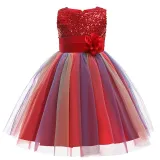 Girl Sequins Flower Belt Rainbow Tutu Gauze Princess Gown Dress