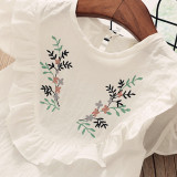 Girls Embroidery Flowers Ruffles Blouse Top and Bowknot Shorts Two-Piece Outfit