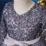Girl Sequins Long Sleeve Bowknot Tutu Maxi Long Sleevs Gown Dresses