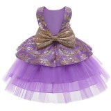 Toddler Girl Gold Embroidery Flowers Sequins Bowknot Backless Tutu Gown Dress