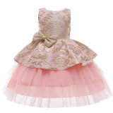 Toddler Girl Gold Embroidery Flowers Sequins Bowknot Backless Tutu Gown Dress