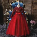 Girl Sequins Long Sleeve Bowknot Tutu Maxi Long Sleevs Gown Dresses
