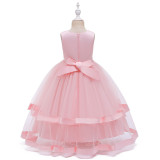Toddler Girl Embroidered Jewelry Flower Bowknot Two Layers Lace Tutu  Party Gown Dresses
