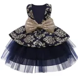 Toddler Girl Gold Embroidery Flowers Sequins Bowknot Backless Tutu Gown Dress