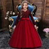 Girl Sequins Long Sleeve Bowknot Tutu Maxi Long Sleevs Gown Dresses