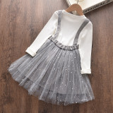Kid Girl White Long Sleeve Tops and Sequins Stars Tutu Mesh Strap Skirt Two Pieces Sets
